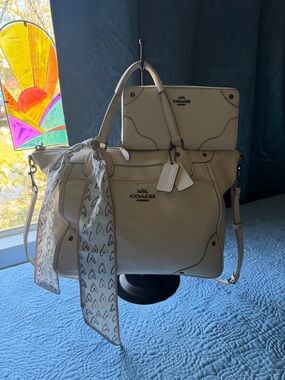 Coach Cream Pebbled Leather Satchel 12x9 with Scarf Accent and Matching Wallet
